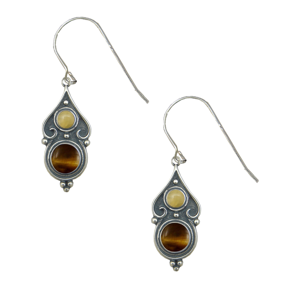 Sterling Silver Designer Post Stud Earrings With Tiger Eye And Yellow Aragonite